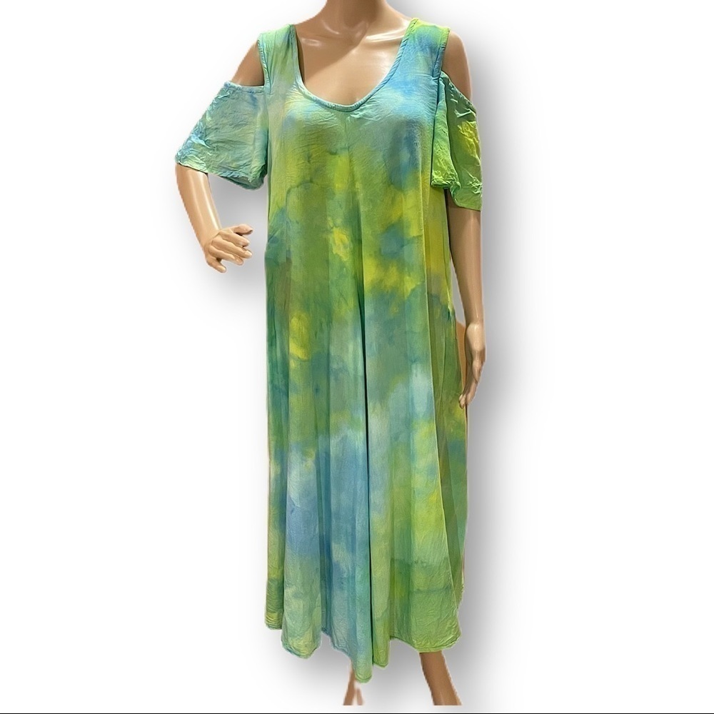 Tie dye cold shoulder caftan maxidress rayon XL blue green ocean underwater